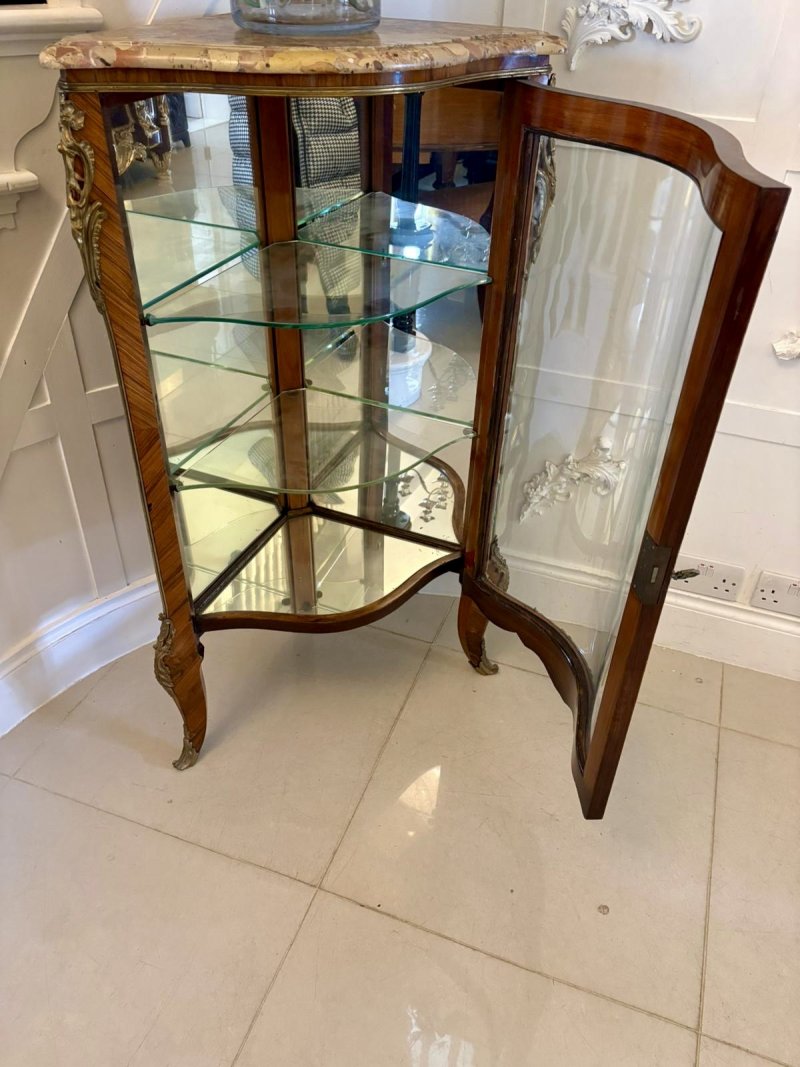 Antique Exceptional French Kingwood Serpentine Corner Display Cabinet with Marble Top and Ormolu Mounts - Image 4